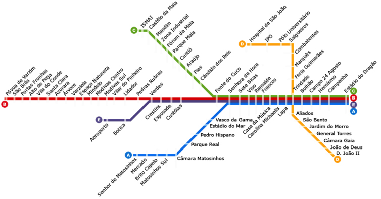 Mapa das linhas do Metro do Porto